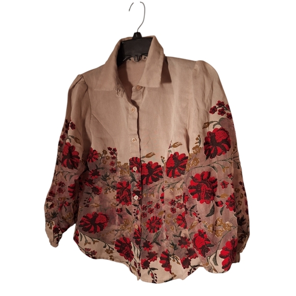 Gorgeous Red Rose Design Long Sleeved Button Down Blouse Sheer Parts Romantic - Picture 2 of 5